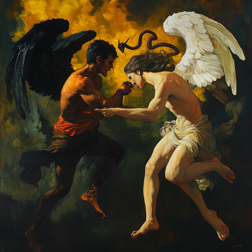 Devil with black wings fights angel with light wings