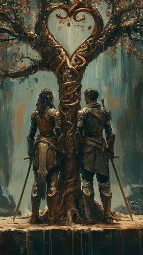 Digital painting of two Gemini warriors in love.