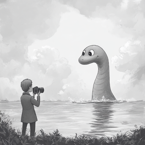 Disney-style Loch Ness Monster and surprised photographer