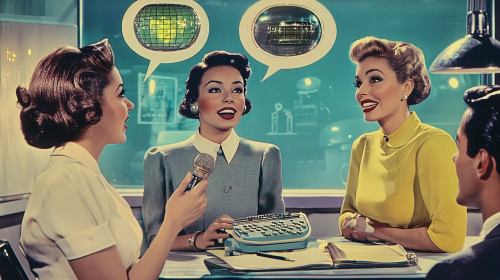 Diverse 1950s Office Discussion with Futuristic Tech