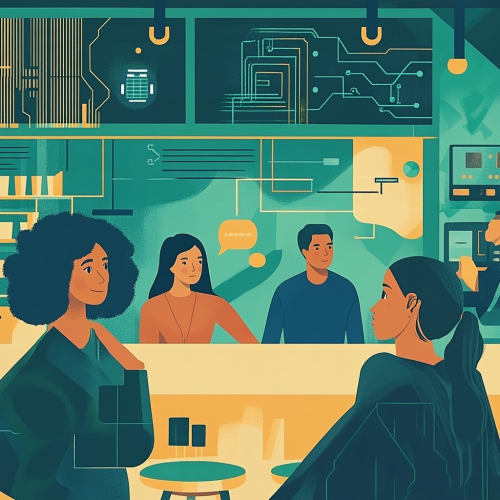 Diverse Customers Interacting with Friendly AI Assistant 