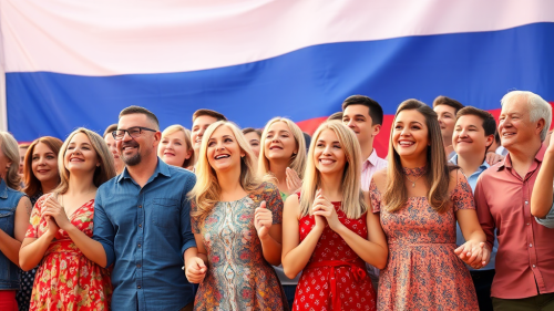 Diverse People Holding Hands in Front of Russian Flag