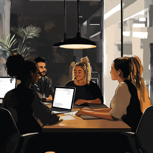 Diverse coworkers collaborate in modern workplace scene