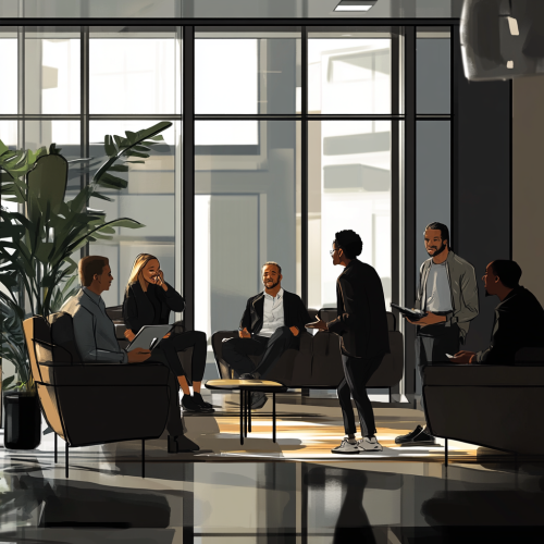 Diverse employees engage in modern office setting