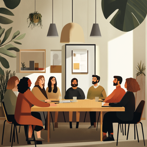 Diverse group of professionals collaborating in a meeting.