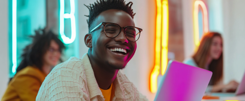 Diverse kids happy working together in office