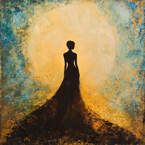 Divine feminine figure in majestic, empowering stance. Ethereal setting.