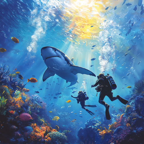 Diving with whale shark in sunny ocean.