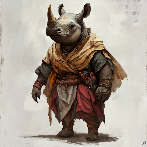 DnD character: human-rhinoceros mix, animalistic, young, stocky.