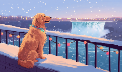 Dog on deck overlooking snowy Niagara falls with lights.