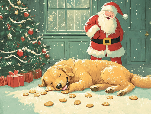 Dog sleeping in front of tree after eating cookies.