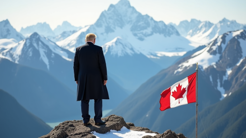 Donald Trump Overlooking Snowy Valley with Canadian Flag
