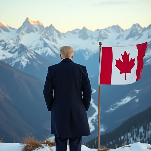 Donald Trump Overlooks Snowy Valley with Canadian Flag