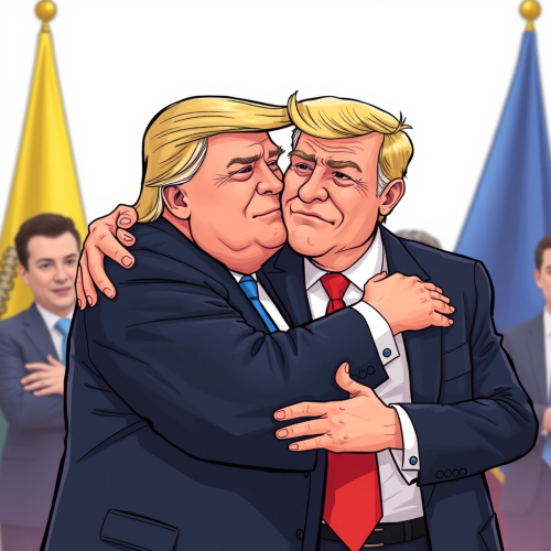 Donald Trump hugs Volodymyr Zelenskyy in cartoon