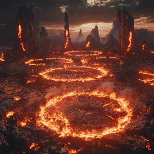 Doom-inspired landscape with hellfire, destruction, and monoliths