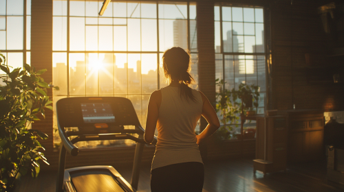 Downtown loft setting with mom running on treadmill.