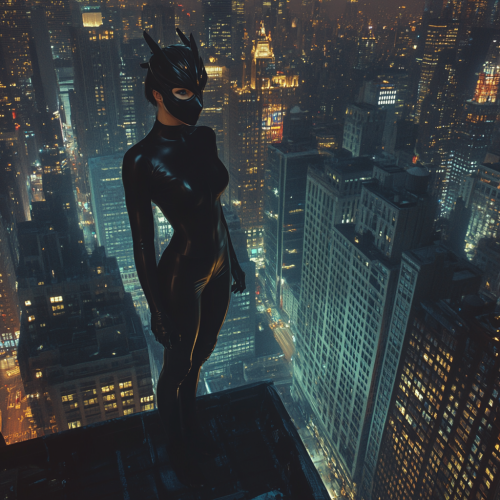 Dragon superhero stands on city building at night.