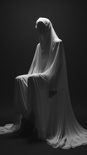 Dramatic portrait of androgynous woman in minimalist wedding dress.