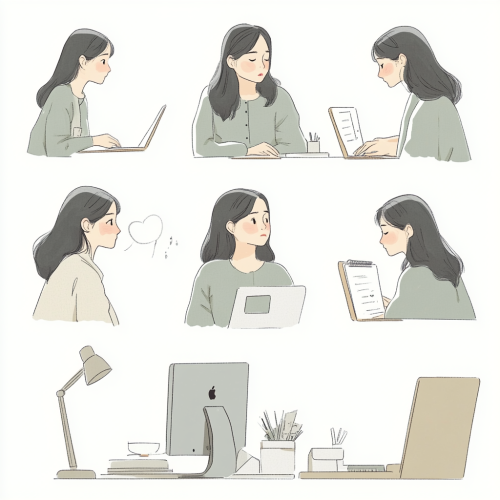 Draw calm, delicate illustrations of Japanese woman studying.