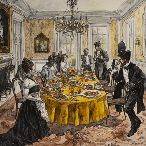 Drawing with watercolors of antebellum dining room scene.
