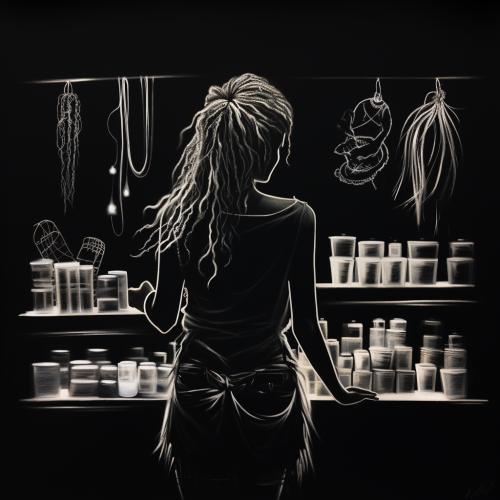 Dreadlocked woman stocking store on black paper outline.