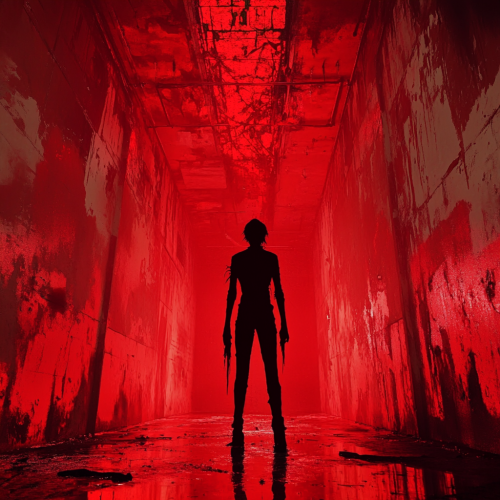 Dreamlike space, creepy atmosphere, subject in black clothes.