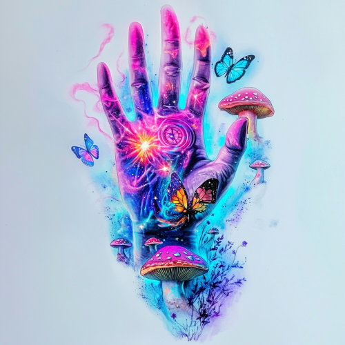 Dreamy, surreal hand with neon mushrooms and butterflies