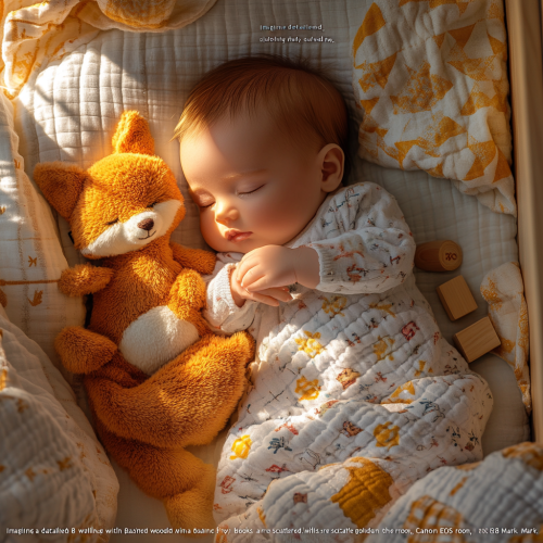 Dreamy photo of sleeping baby with stuffed fox.