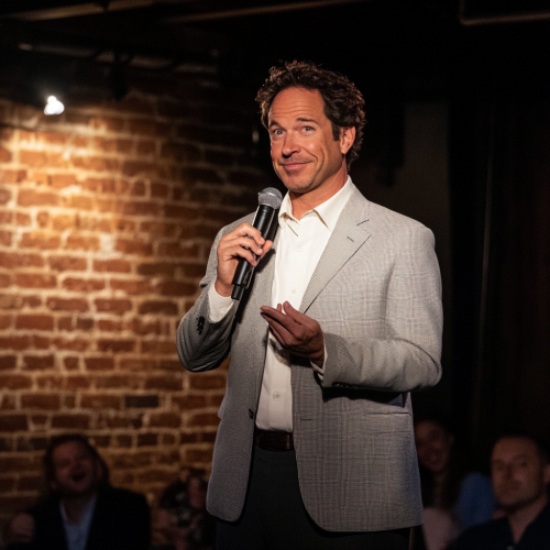 Dressed like Jerry Seinfeld, comedian entertains crowd at comedy club.