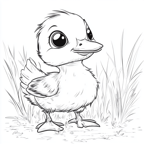 Duck with big eyes, round body, in kid's drawing.