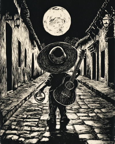 Dwarf Playing Guitar under Moon in Antigua Guatemala