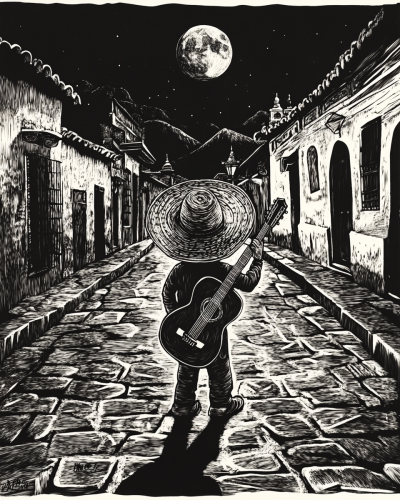 Dwarf with Guitar in Moonlit Guatemalan Street