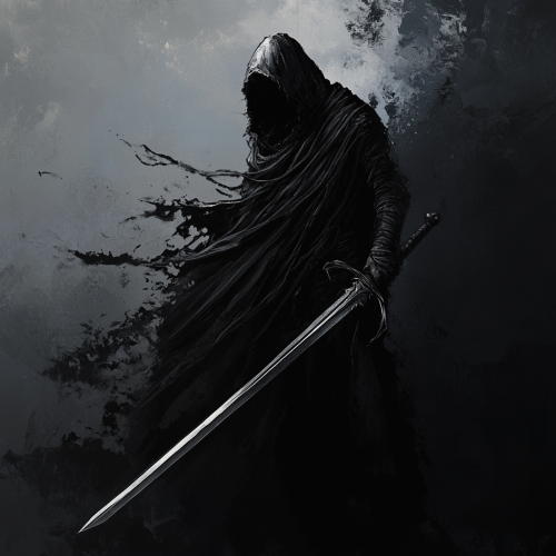 Dynamic figure with sword, hooded face, leg tattoo design.