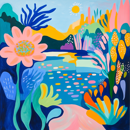Dynamic lake with colorful flowers inspired by Matisse style. Dynamic lake with colorful flowers inspired by Matisse style.
