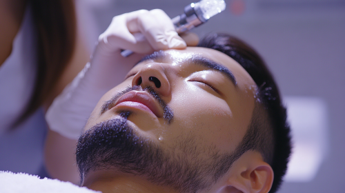 East Asian man having blackhead removal at beauty salon.