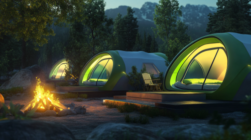 Eco-friendly campsite with solar tents and modern campfire