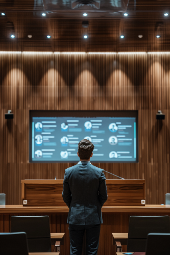 Educator practices public speaking in modern courtroom setting.