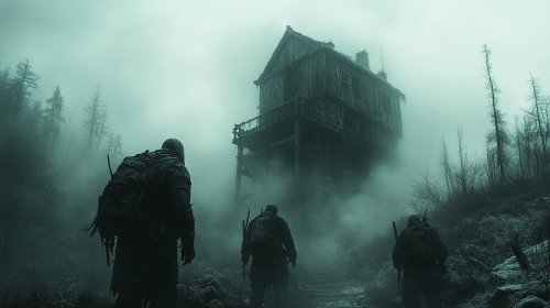 Eerie Watchtower Guards Stand in Frosty Forest