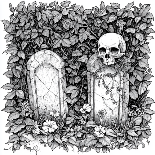 Eerie graveyard scene with playful yet unsettling elements