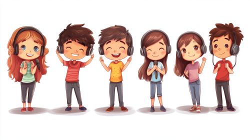 Eight kids in cartoon style with microphone headsets.