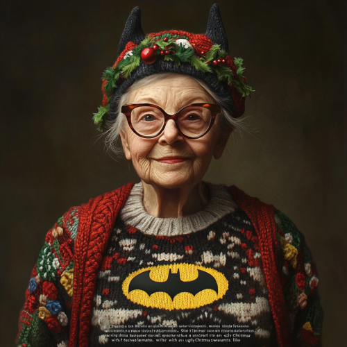 Elderly Woman in Unique Batman Christmas Sweater Portrait