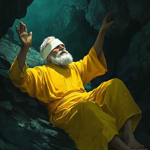 Elderly man in yellow robe with white bandage.