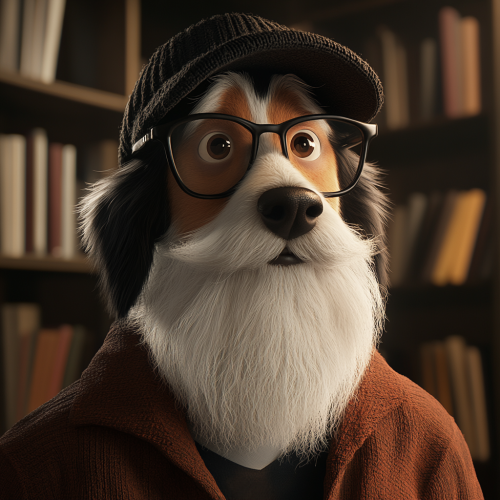 Elderly man portrait with dog in library. Elderly man portrait with dog in library.