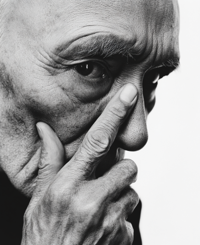 Elderly man with shaved head touches nose solemnly