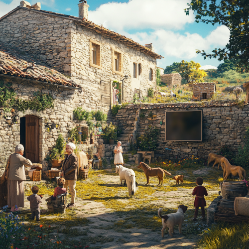 Elderly people, children, dogs, cats, horses in garden.