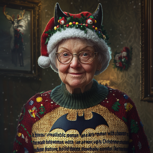 Elderly woman in quirky Batman Christmas sweater portrait