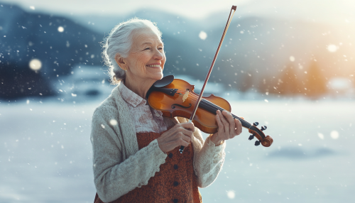 Elderly woman in stylish clothes with violin on ice