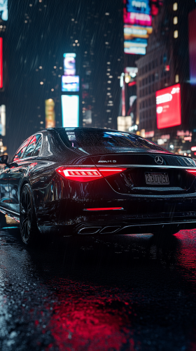 Black Car in Rainy City Night