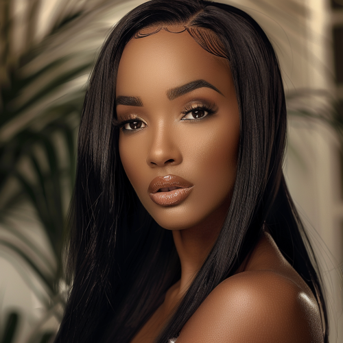 Elegant Black Woman in Fashion Studio with Soft Makeup