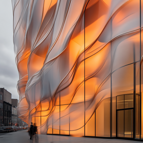 Elegant Building with Flowing, Light-Covered Fabric Facade